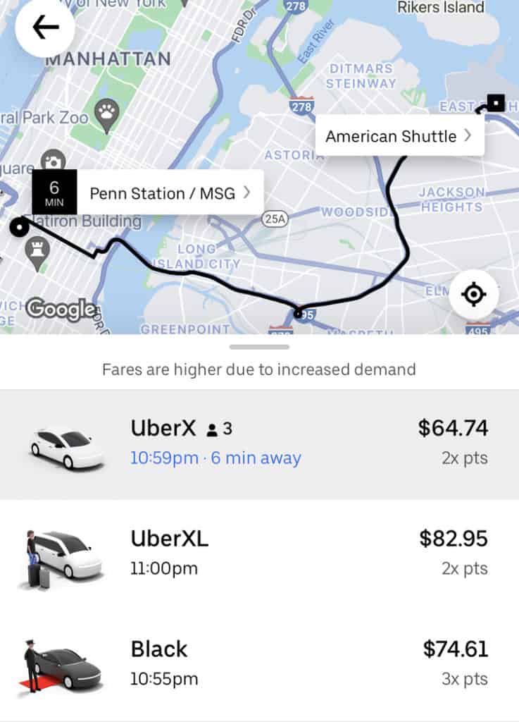 screenshot of uber app, blog post about how to  get around nyc