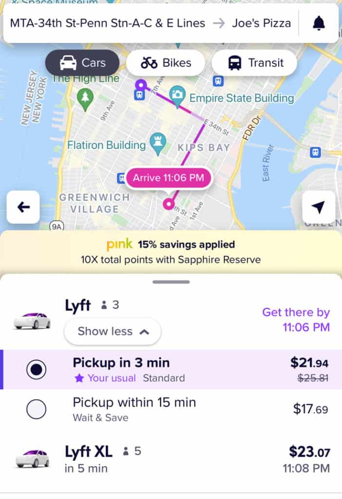 screenshot of Lyft app, blog post about how to  get around nyc