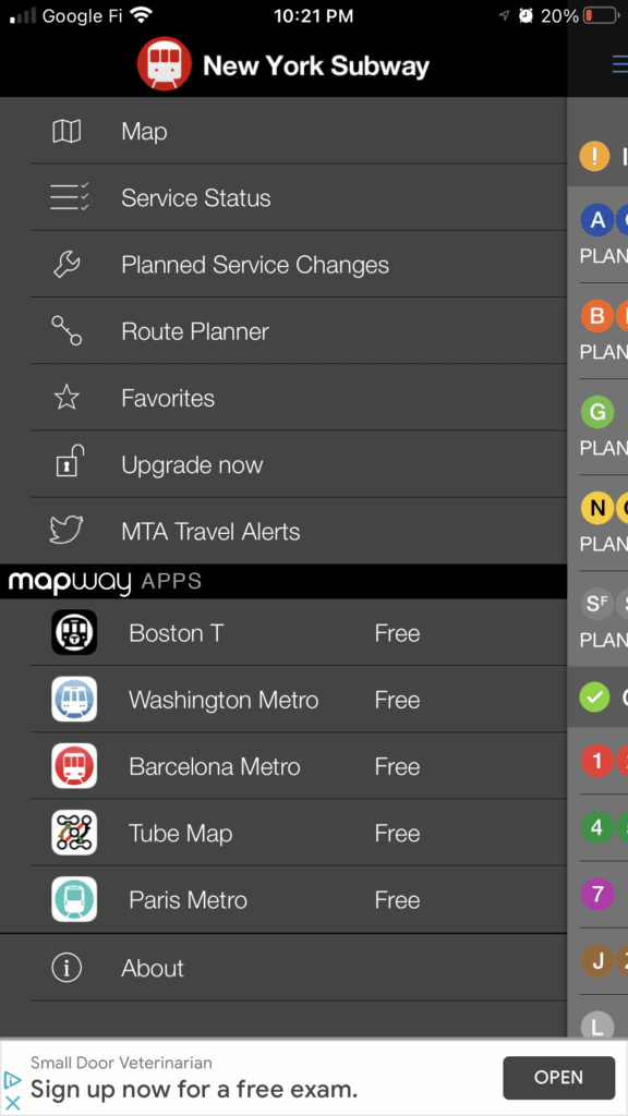 screenshot of NYC Subway app, blog post about how to  get around nyc